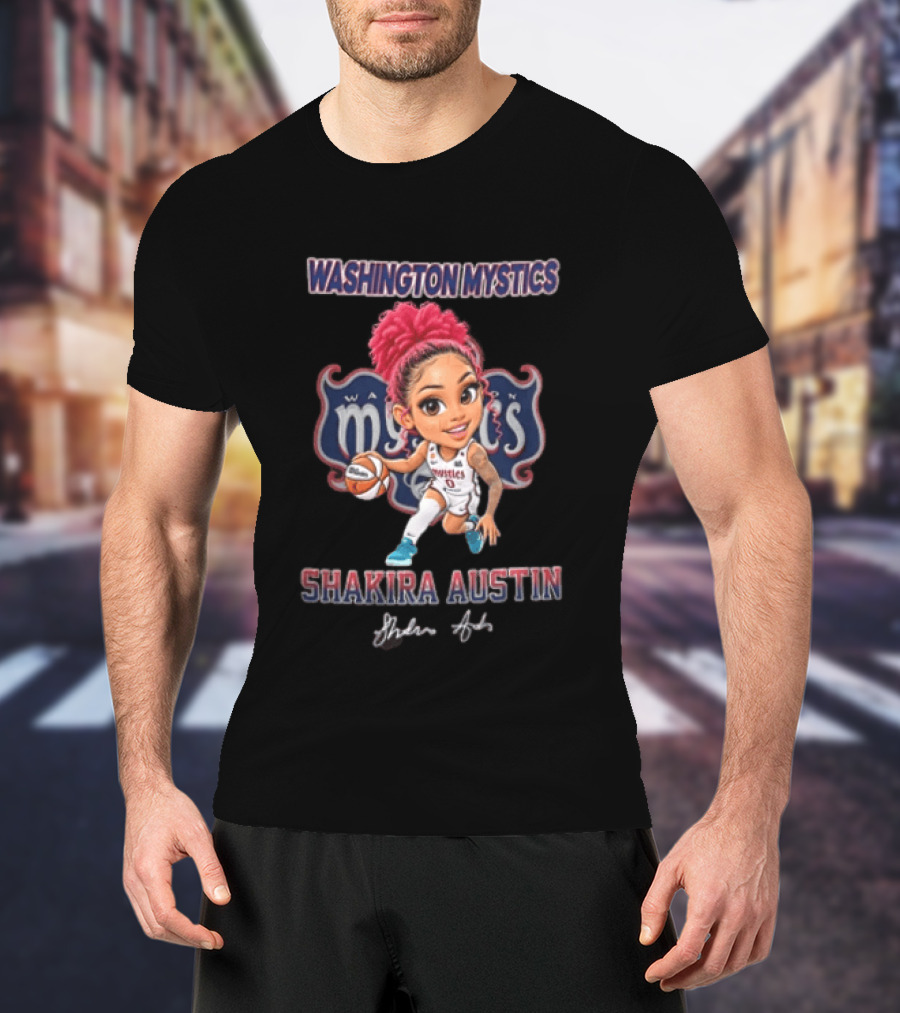 Shakira Austin Washington Mystics Pink Hair Cartoon Caricature Dribbling Basketball T-Shirt
