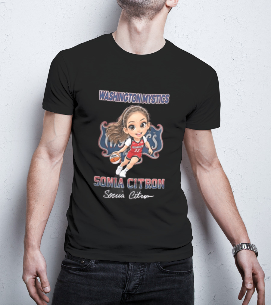 Washington Mystics WNBA Sonia Citron Cartoon Caricature Basketball Player Dribbling T-Shirt