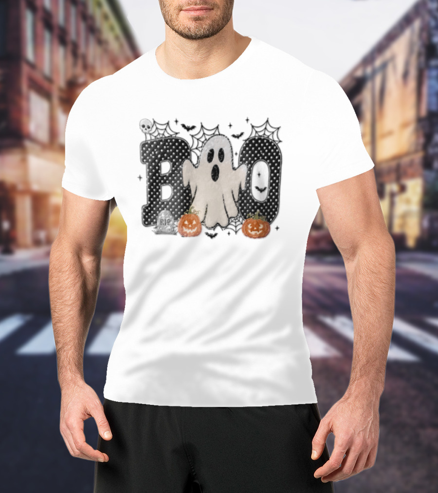 Boo Distressed Ghost Jack O Lanterns Polka Dots Cobwebs T-Shirt