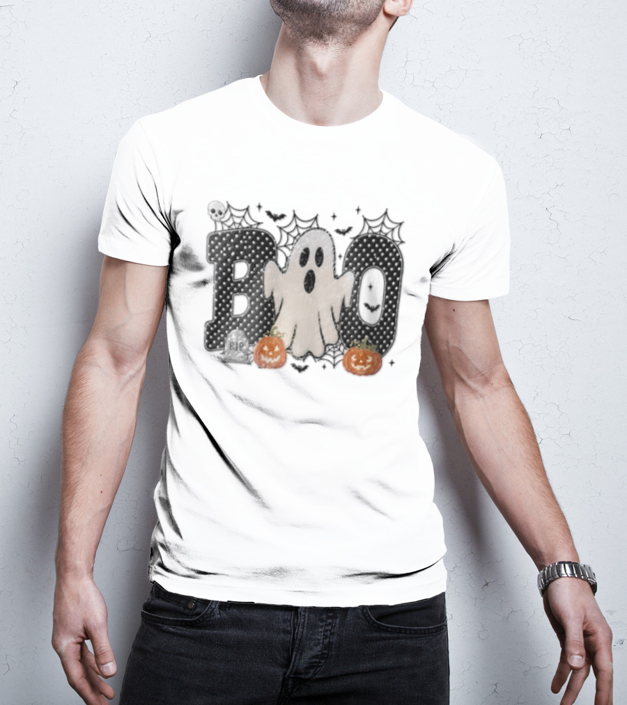 Boo Distressed Ghost Jack O Lanterns Polka Dots Cobwebs T-Shirt