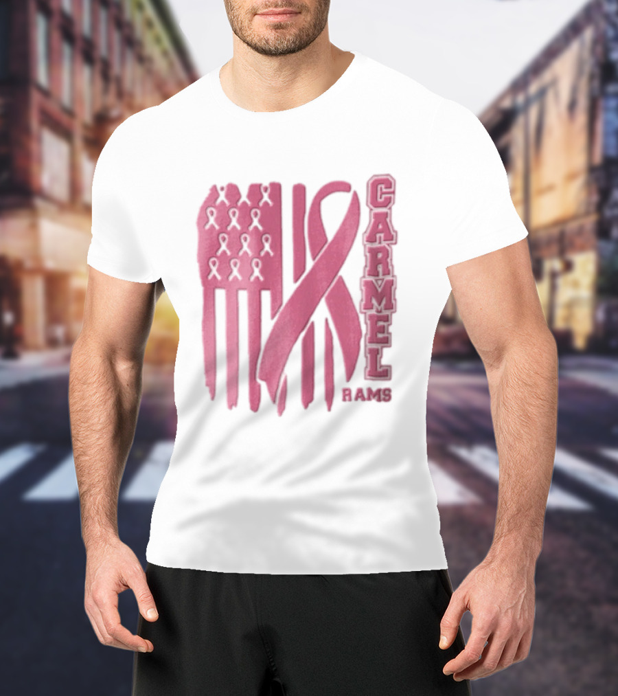 Carmel Rams Pink Ribbon American Flag Breast Cancer Awareness T-Shirt