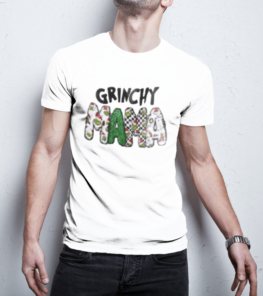 Grinchy Mama Holiday Checkerboard And Santa Hat T-Shirt