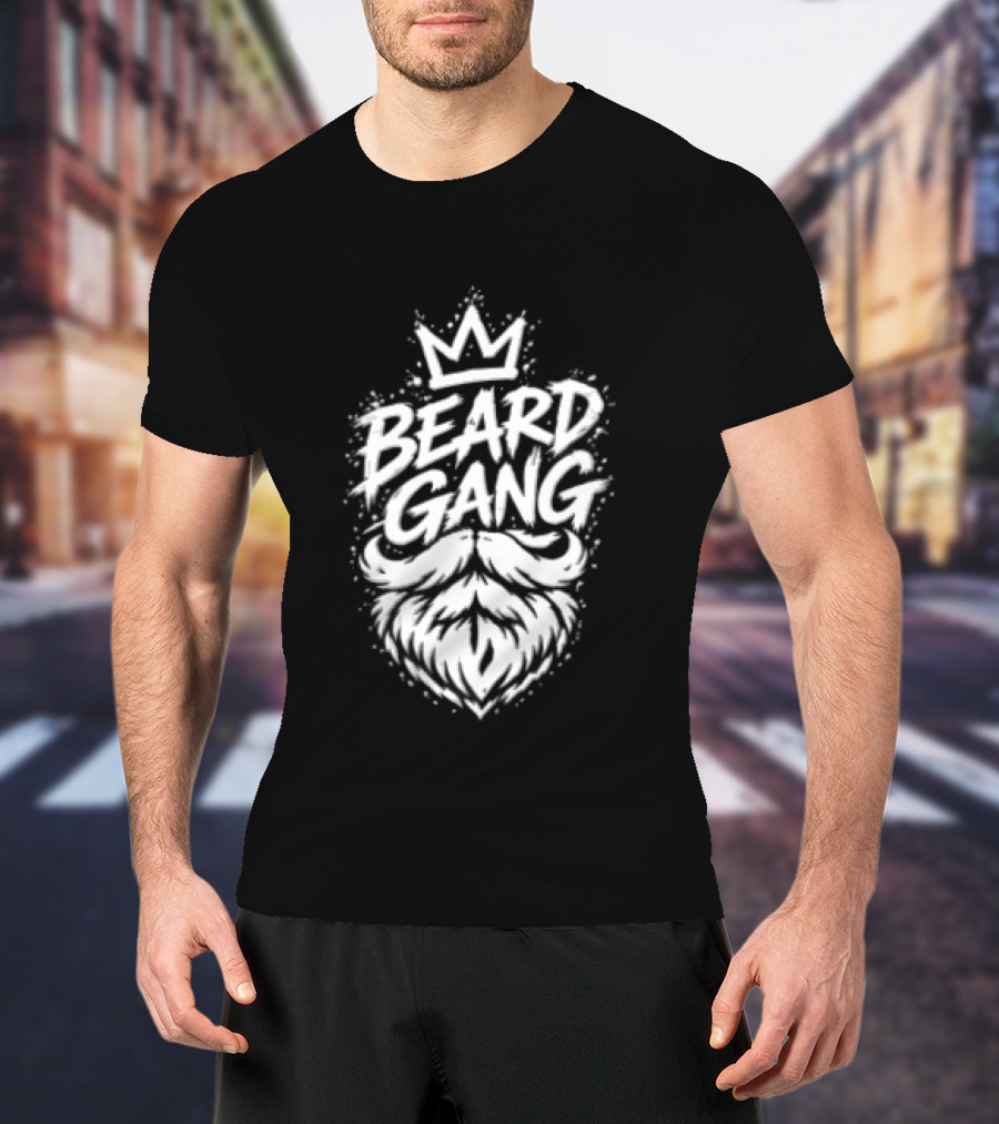 Beard Gang Crown Handlebar Mustache Paint Splatter Bushy Facial Hair T-Shirt