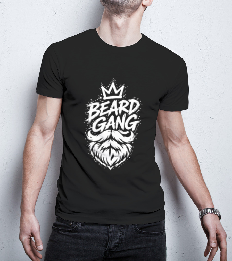 Beard Gang Crown Handlebar Mustache Paint Splatter Bushy Facial Hair T-Shirt
