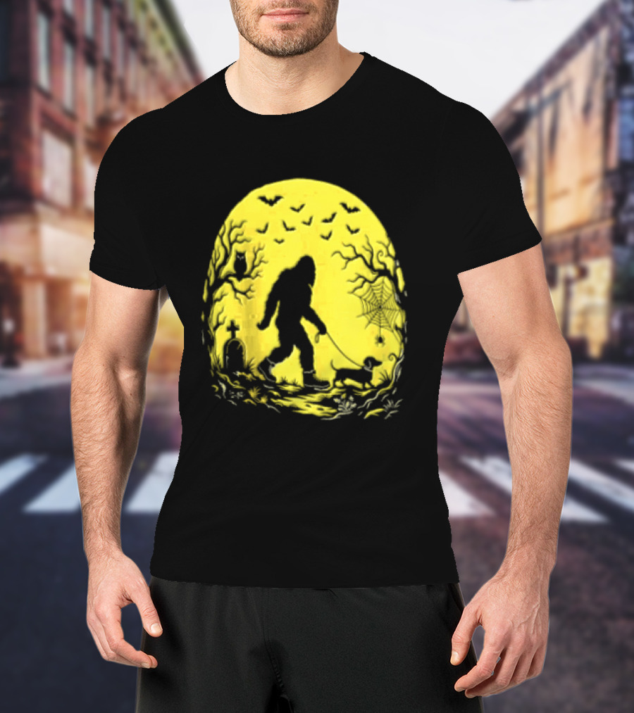 Bigfoot Walking Dachshund Under Full Moon Halloween Night T-Shirt