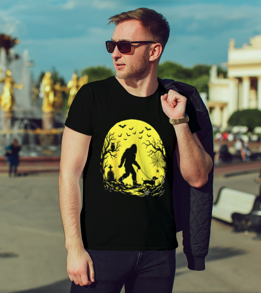 Bigfoot Walking Dachshund Under Full Moon Halloween Night T-Shirt