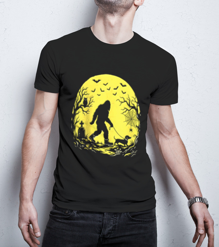 Bigfoot Walking Dachshund Under Full Moon Halloween Night T-Shirt