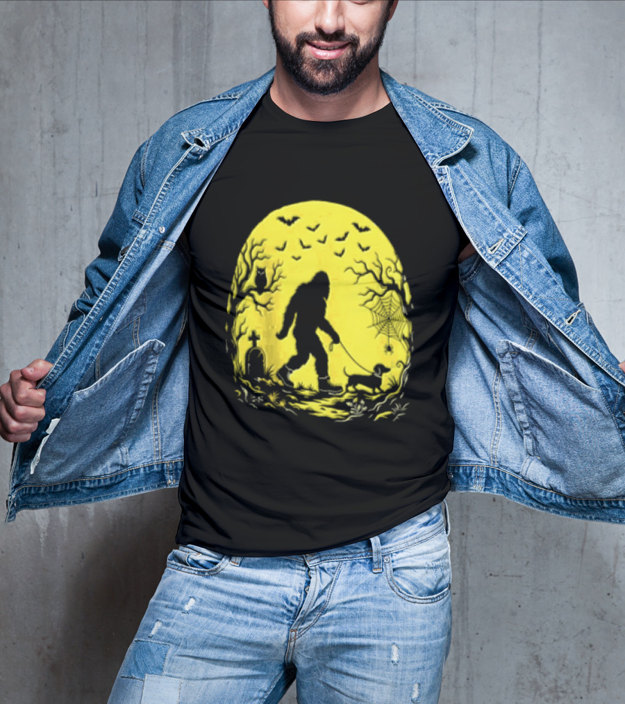 Bigfoot Walking Dachshund Under Full Moon Halloween Night T-Shirt