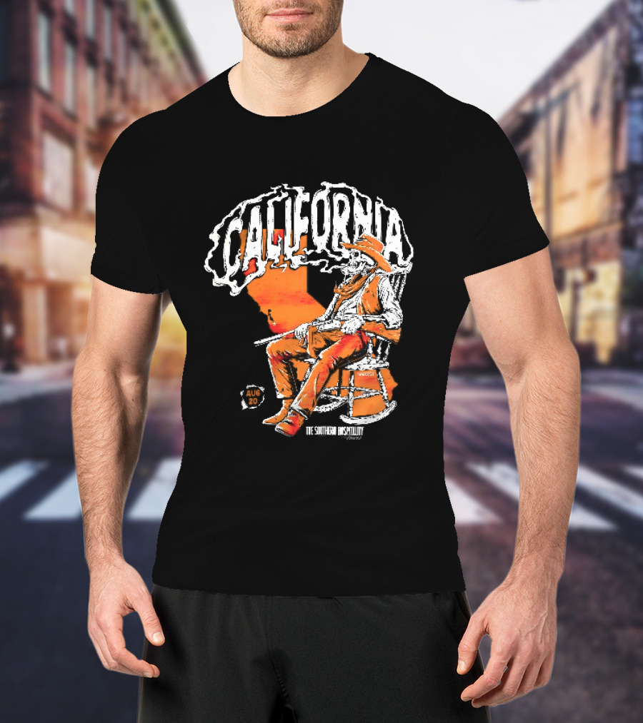 California Skeleton Cowboy Southern Hospitality Tour Aug 20 Rocking Chair Rifle Map T-Shirt