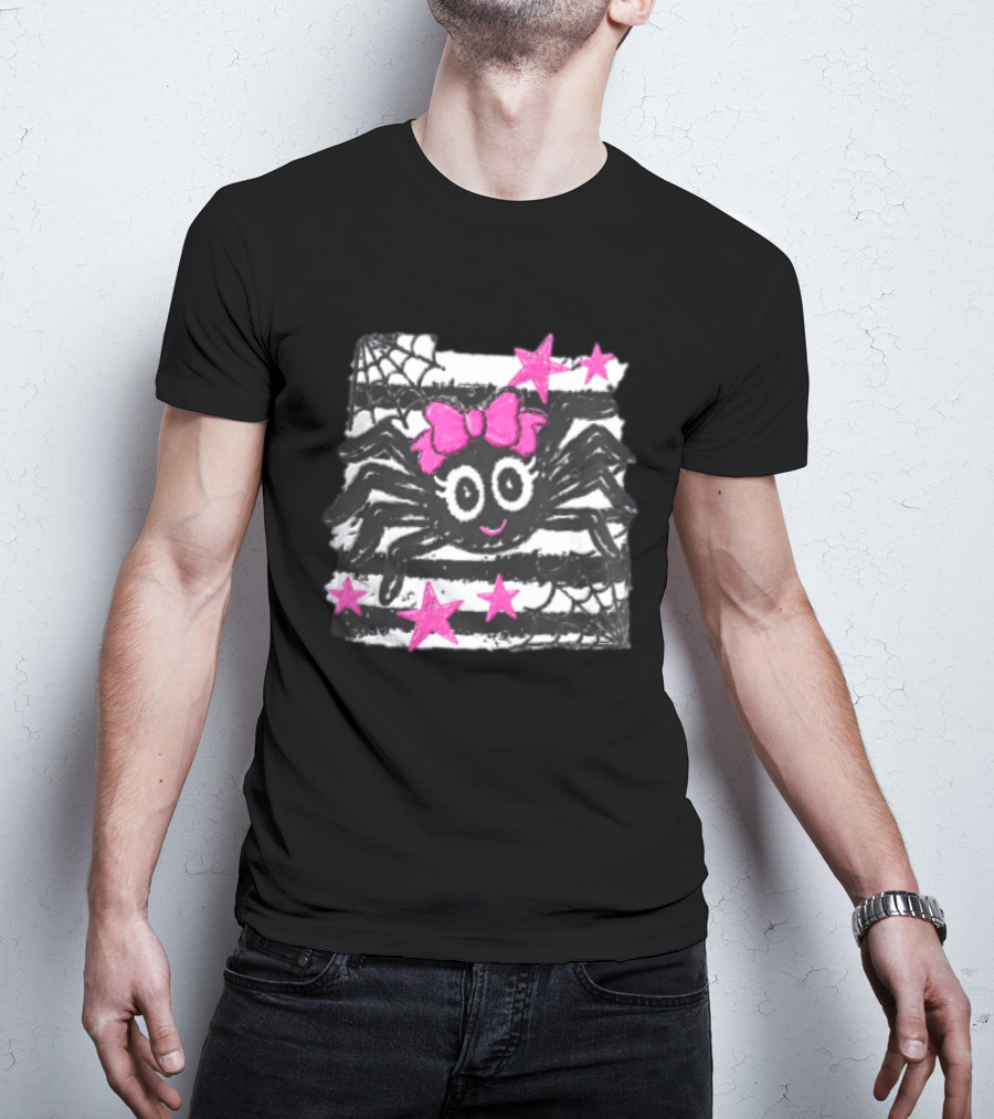Cartoon Black Spider Big Eyes Pink Bow Stripes Webs Stars T-Shirt