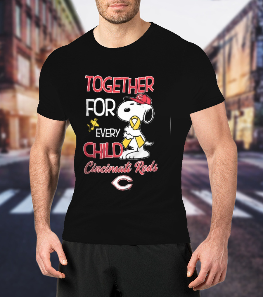 TOGETHER FOR EVERY CHILD Cincinnati Reds Snoopy Woodstock Yellow Ribbon T-Shirt
