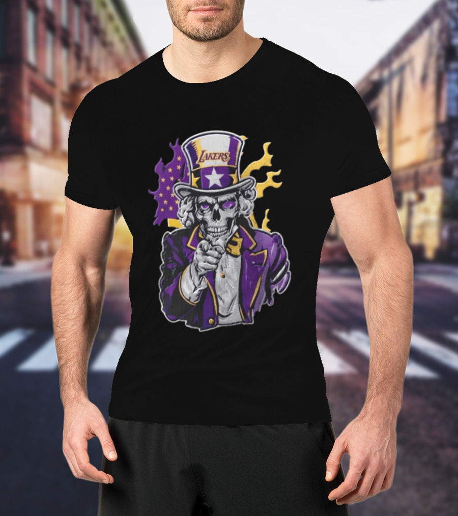 Los Angeles Lakers Skeleton Uncle Sam Purple Flames T-Shirt