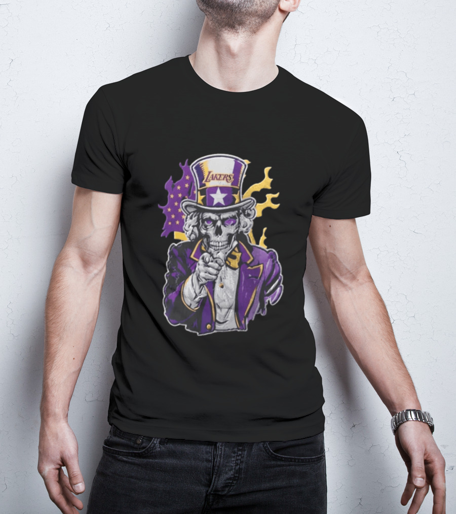 Los Angeles Lakers Skeleton Uncle Sam Purple Flames T-Shirt