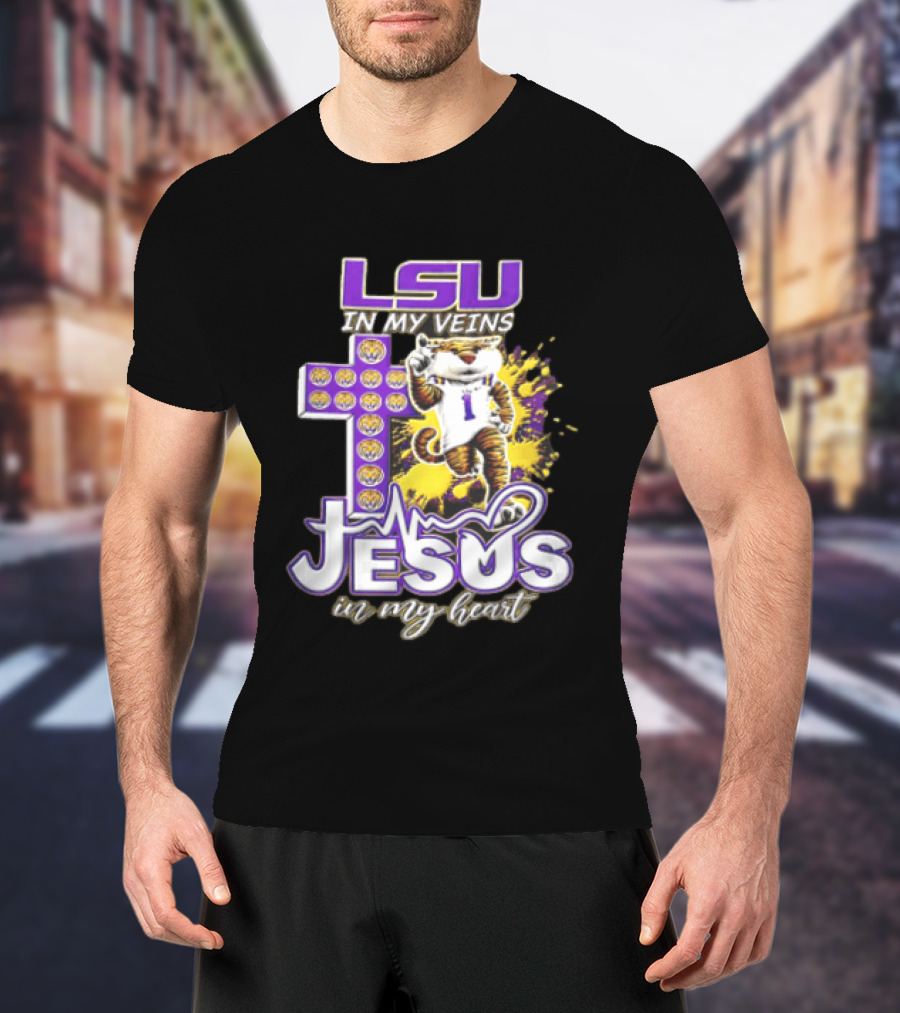 LSU In My Veins Jesus In My Heart Tiger Purple Cross EKG T-Shirt