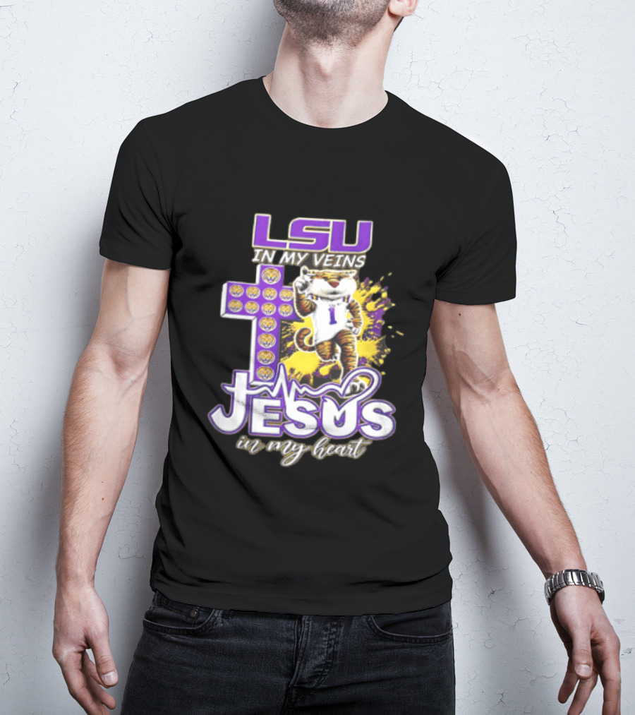 LSU In My Veins Jesus In My Heart Tiger Purple Cross EKG T-Shirt