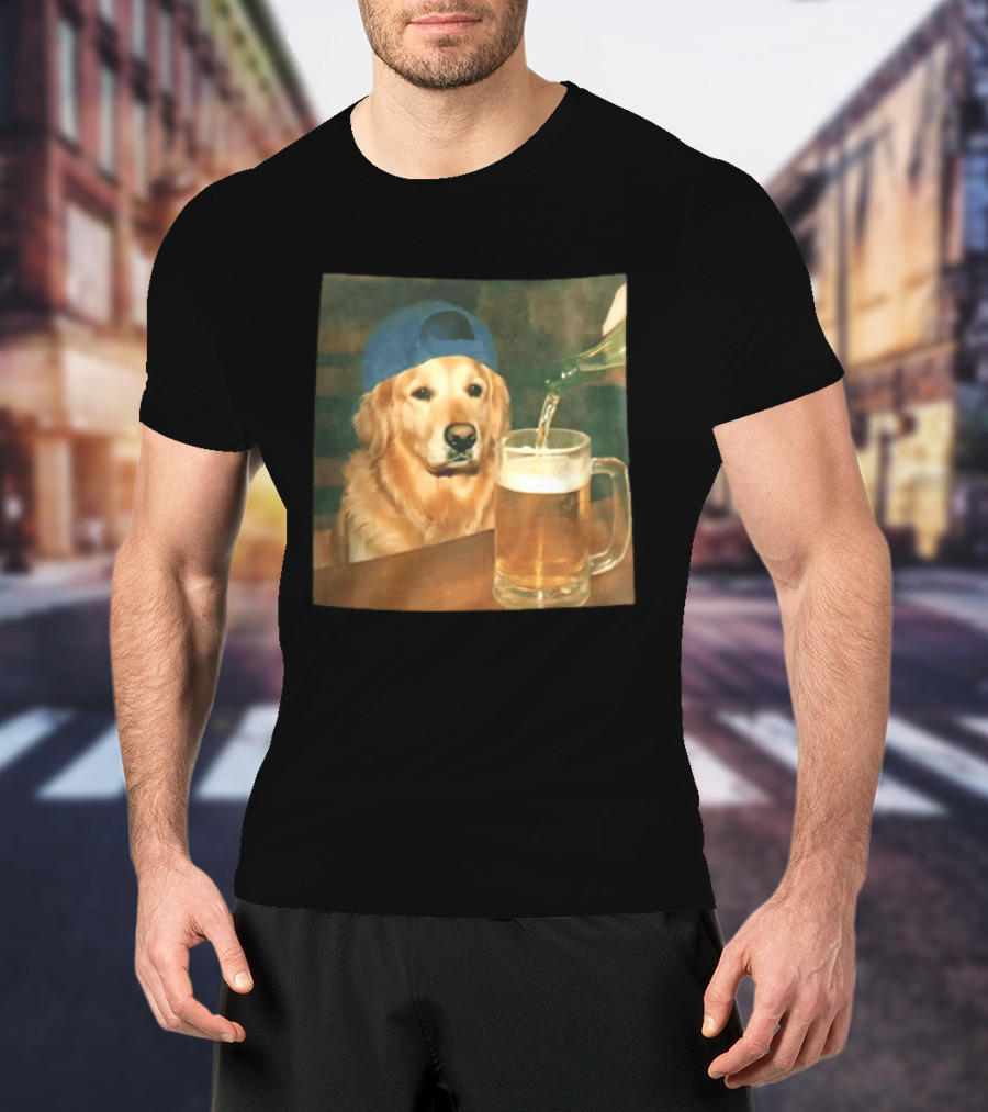 Golden Retriever Backward Cap Beer Pouring Scene T-Shirt
