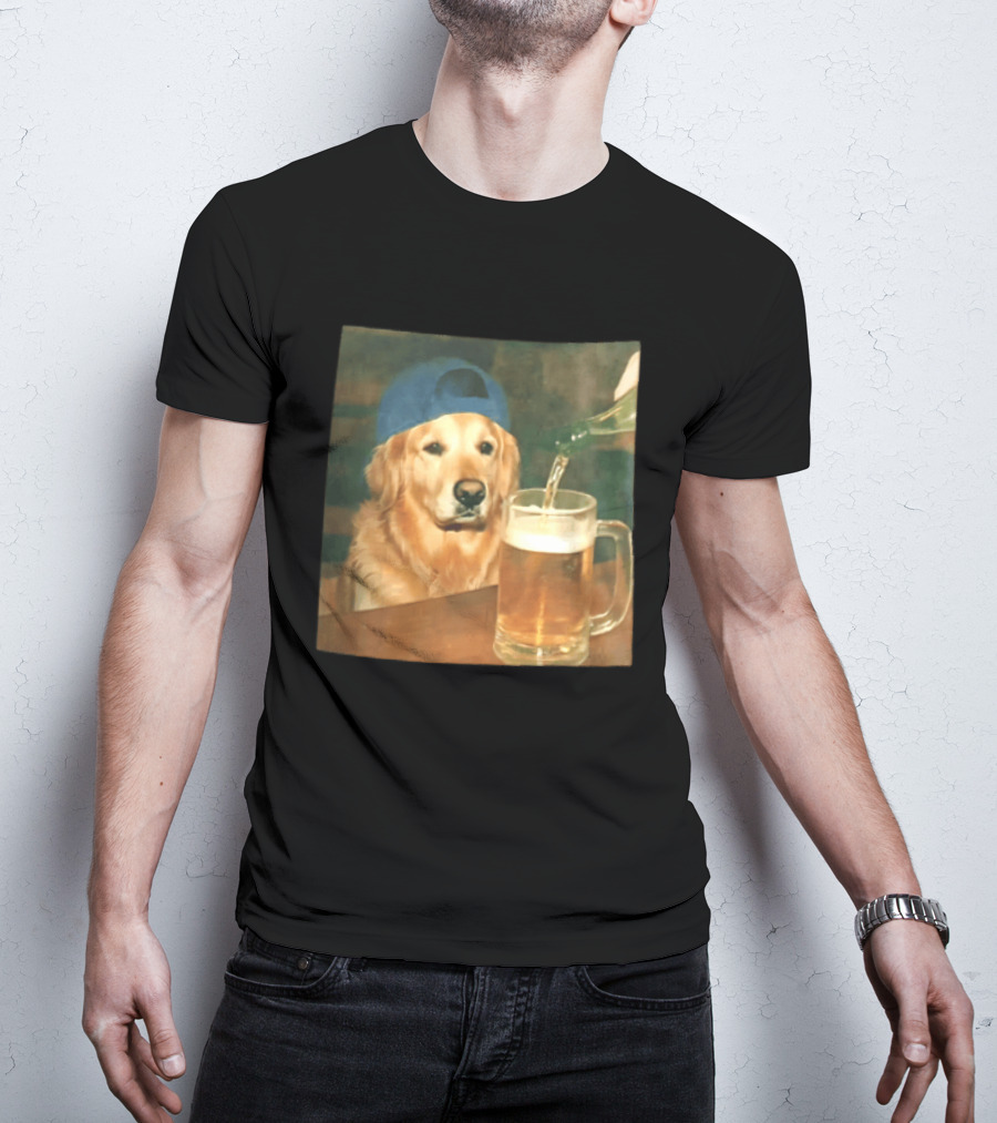 Golden Retriever Backward Cap Beer Pouring Scene T-Shirt