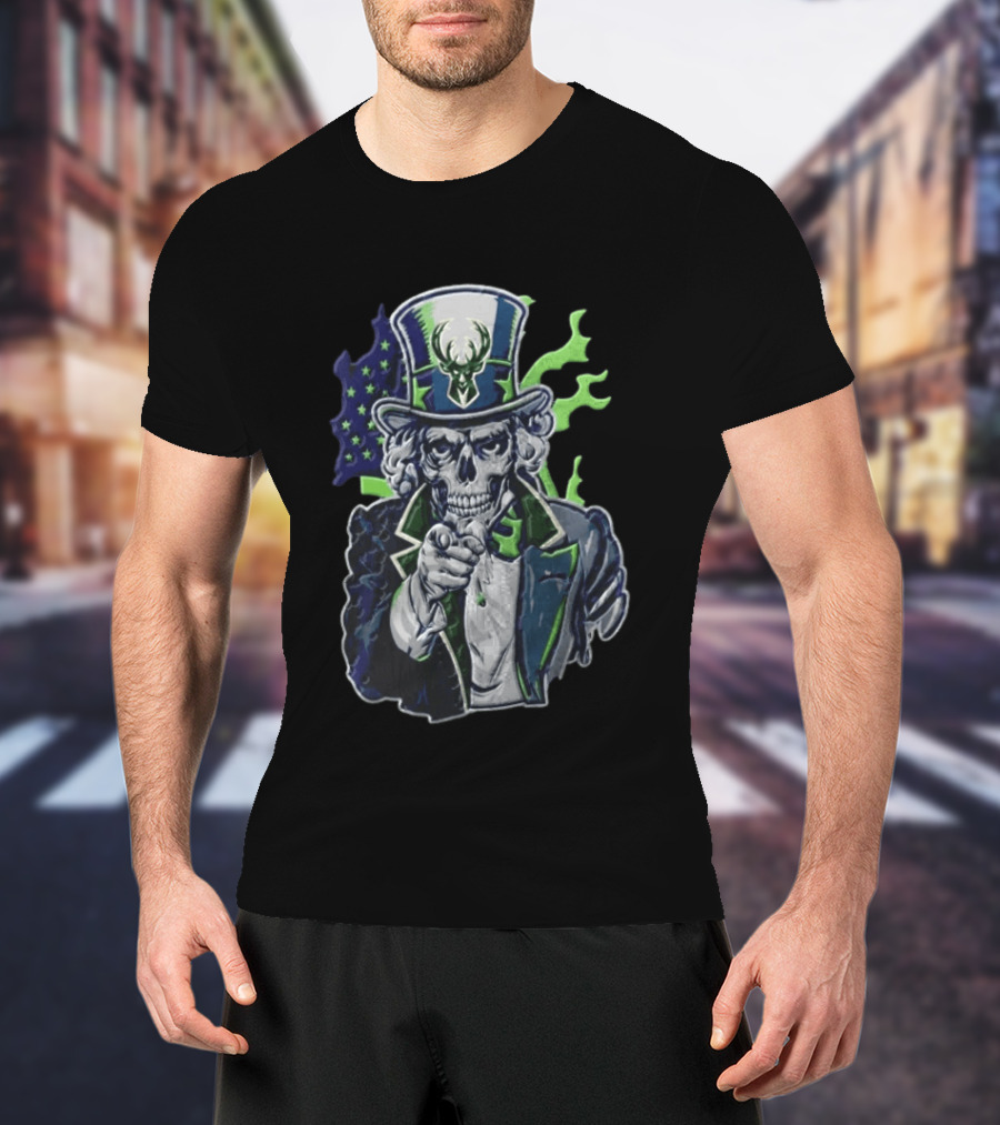 Milwaukee Bucks Uncle Sam Skeleton American Flag Pointing Basketball Fan T-Shirt