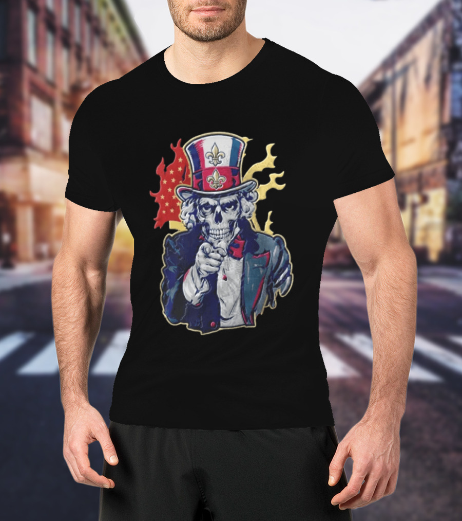 New Orleans Pelicans Skeleton Uncle Sam Pointing American Flag Fleur De Lis T-Shirt