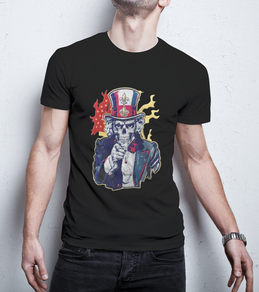 New Orleans Pelicans Skeleton Uncle Sam Pointing American Flag Fleur De Lis T-Shirt