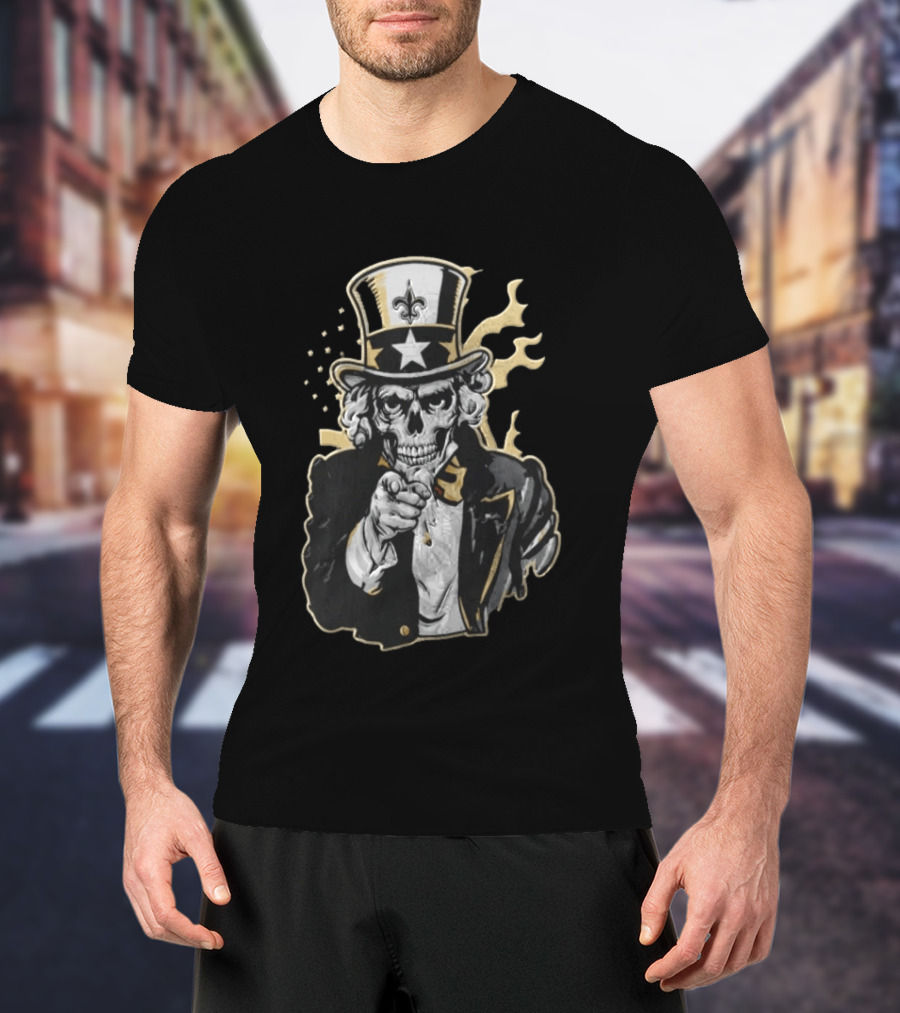 New Orleans Saints Skeleton Uncle Sam Pointing Fleur De Lis American Flag T-Shirt