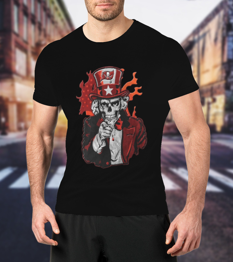 Tampa Bay Buccaneers Uncle Sam Skull American Flag Flames T-Shirt