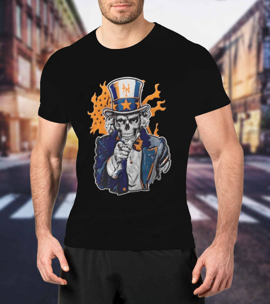 New York Mets Uncle Sam Skeleton Top Hat Stars Flames T-Shirt
