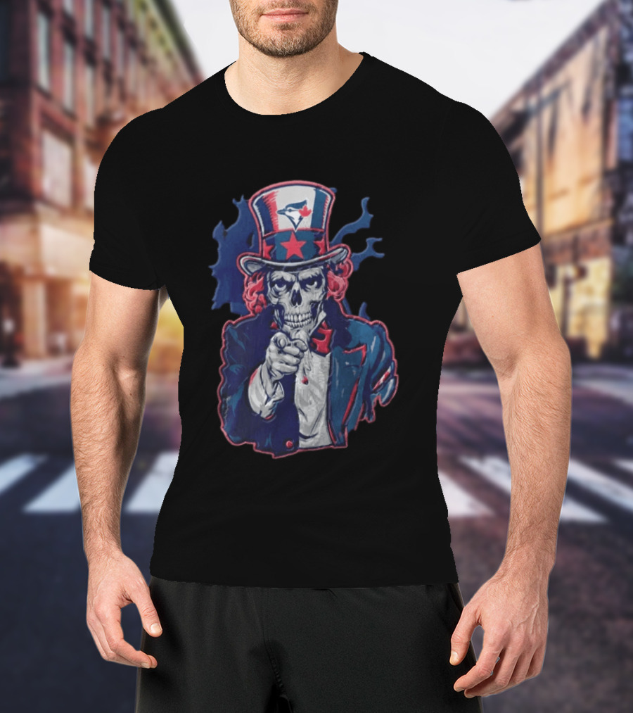 Toronto Blue Jays Skeleton Uncle Sam Pointing American Flag Bird Head Maple Leaf T-Shirt