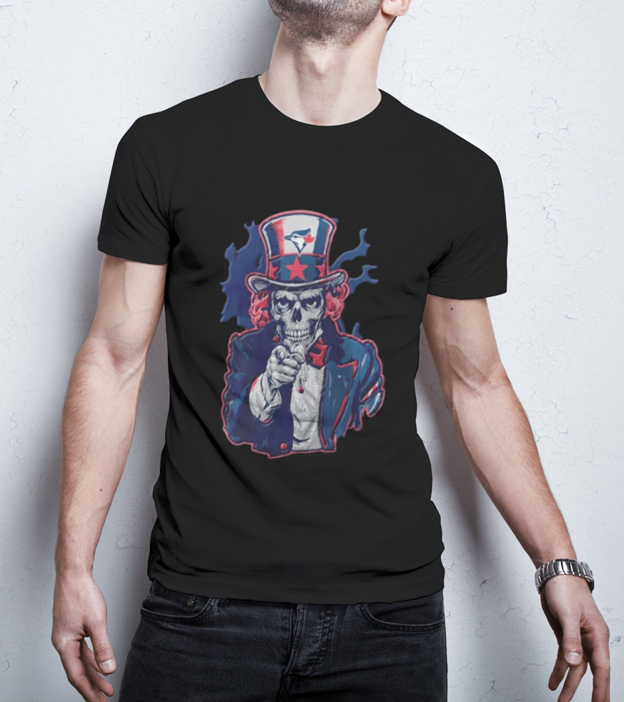 Toronto Blue Jays Skeleton Uncle Sam Pointing American Flag Bird Head Maple Leaf T-Shirt