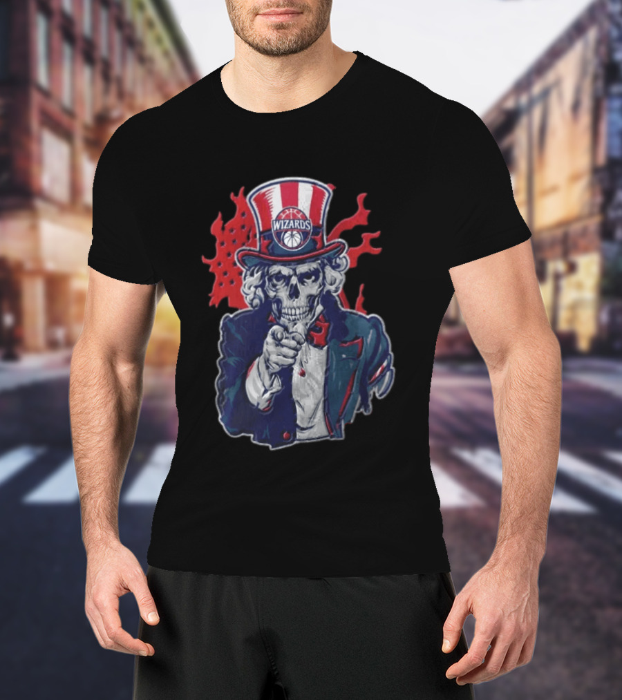 Washington Wizards Skeleton Uncle Sam Pointing Flames American Flag T-Shirt
