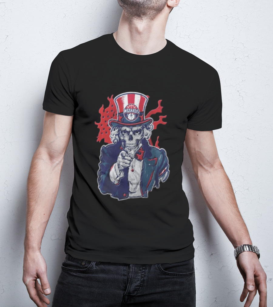 Washington Wizards Skeleton Uncle Sam Pointing Flames American Flag T-Shirt