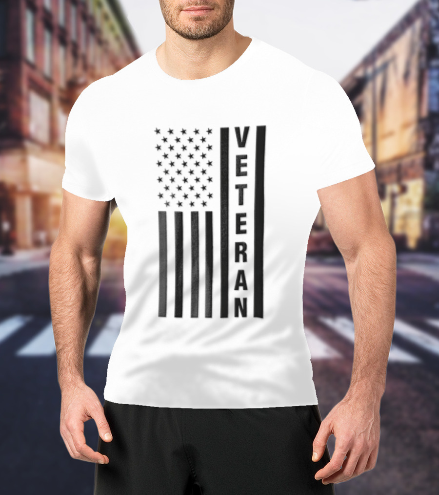 Veteran Vertical Monochrome US Flag Black Stars Stripes T-Shirt