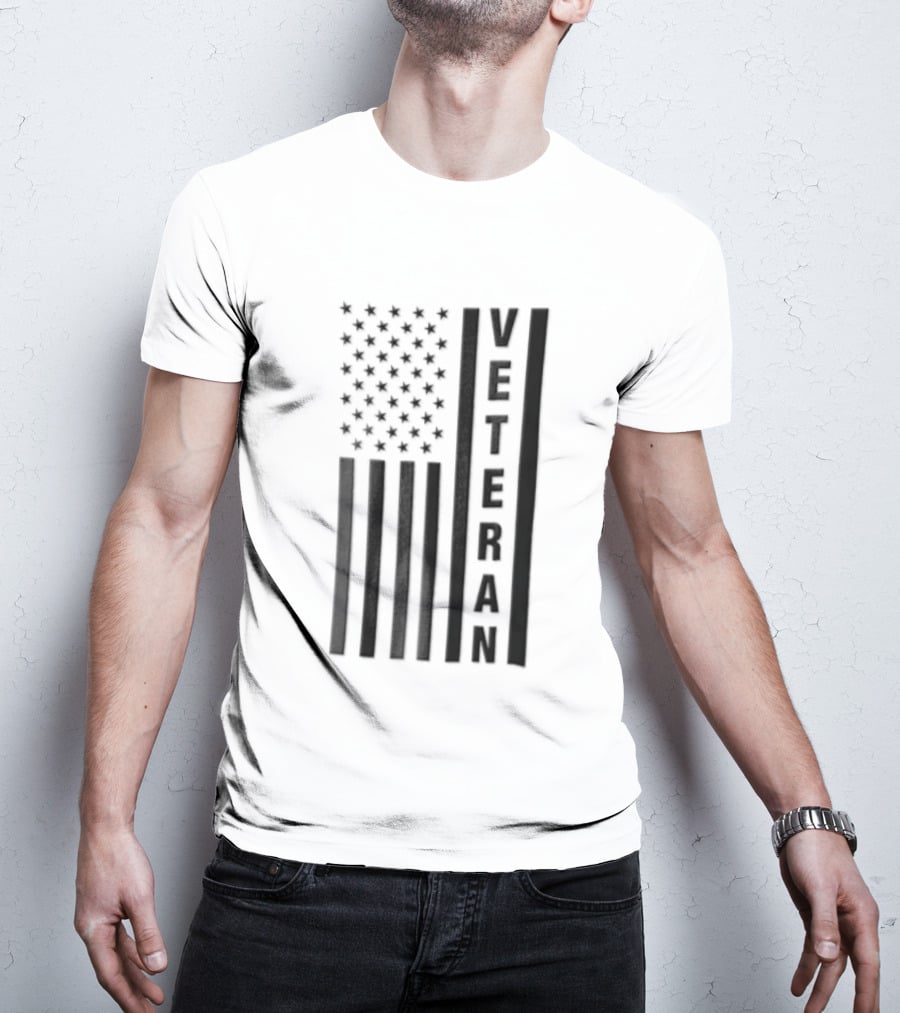 Veteran Vertical Monochrome US Flag Black Stars Stripes T-Shirt