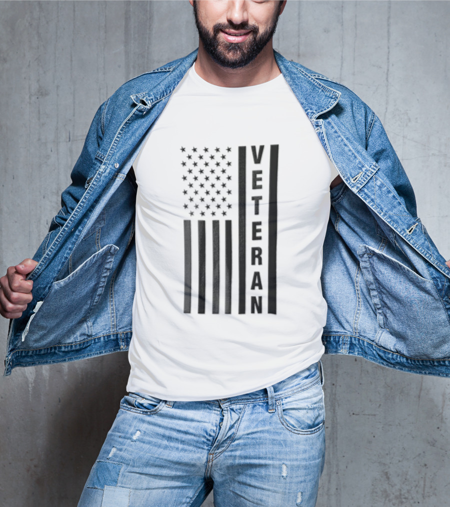 Veteran Vertical Monochrome US Flag Black Stars Stripes T-Shirt
