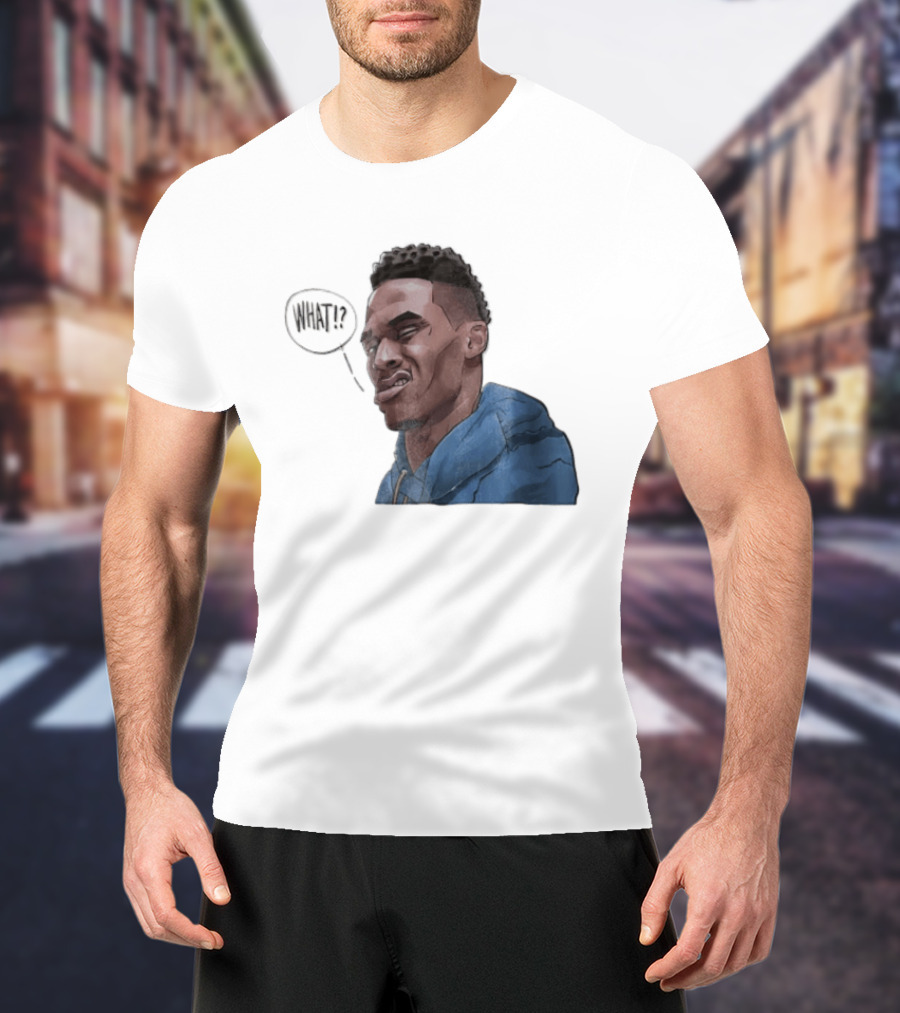 Russell Westbrook Cartoon Caricature Confused Face What Speech Bubble Blue T-Shirt