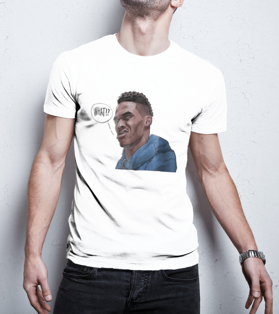 Russell Westbrook Cartoon Caricature Confused Face What Speech Bubble Blue T-Shirt