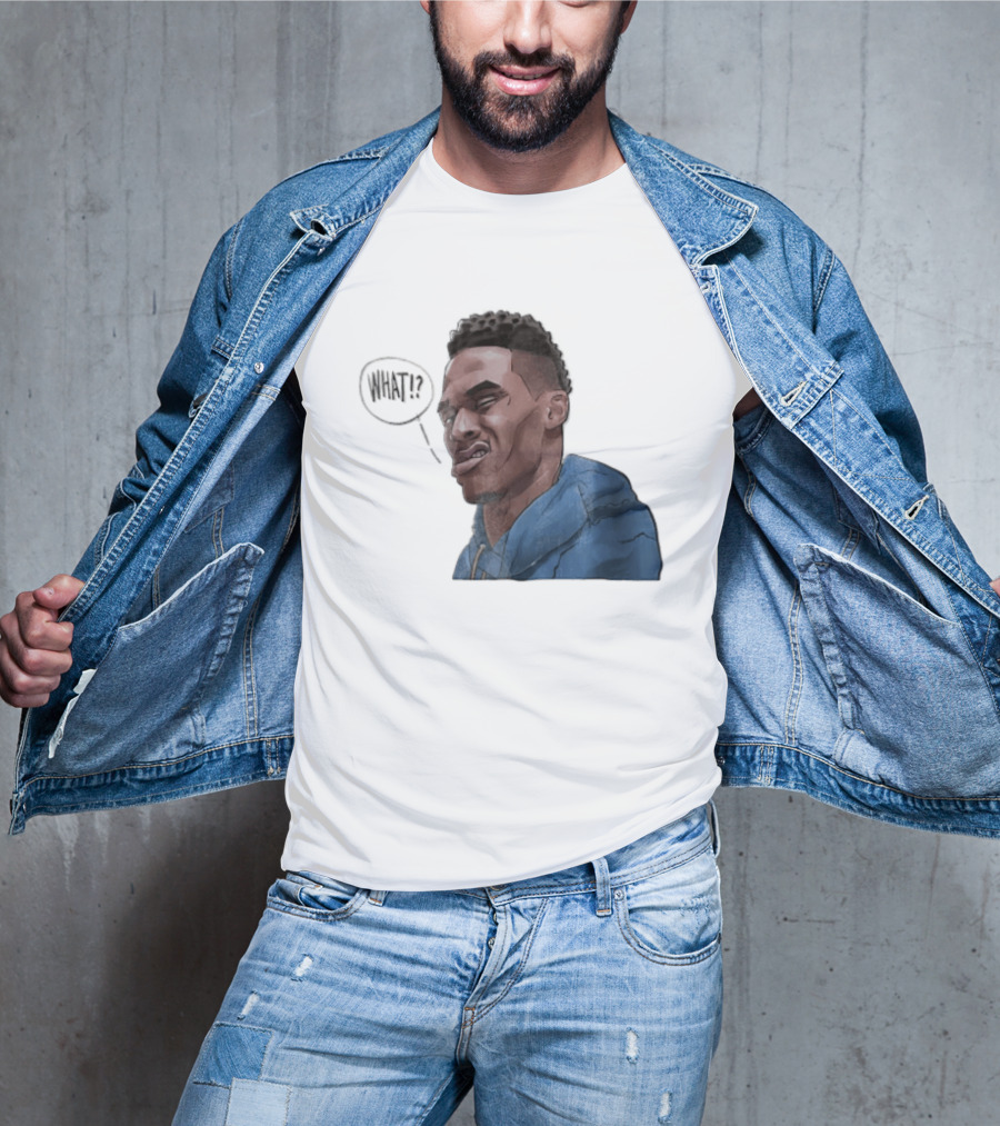 Russell Westbrook Cartoon Caricature Confused Face What Speech Bubble Blue T-Shirt