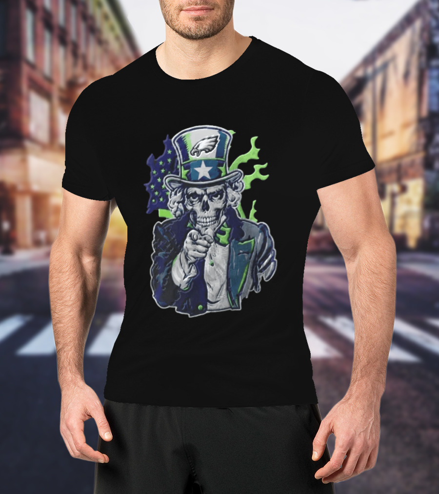 Philadelphia Eagles Uncle Sam Skull With Flag And Stars T-Shirt