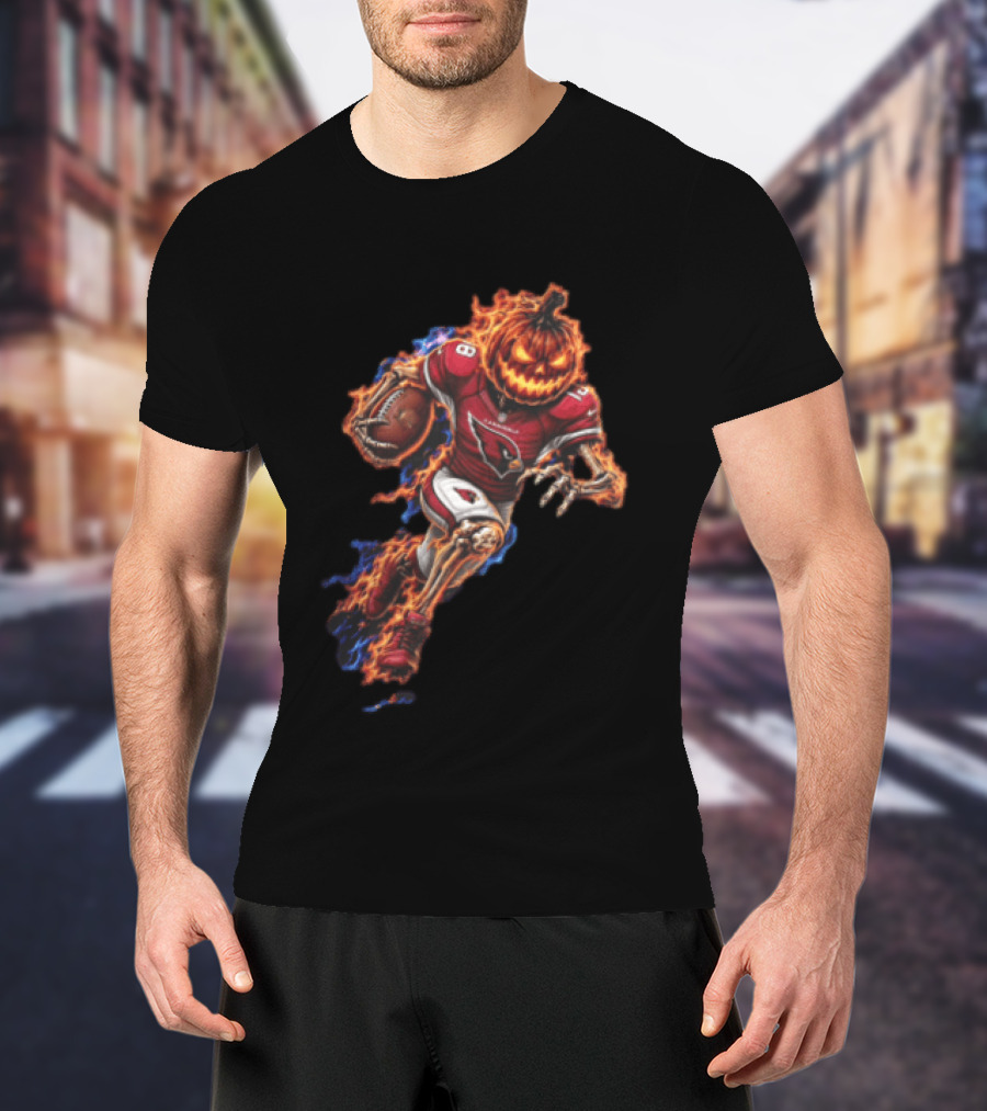 Arizona Cardinals Flaming Pumpkin Head Skeleton Football Player Halloween T-Shirt