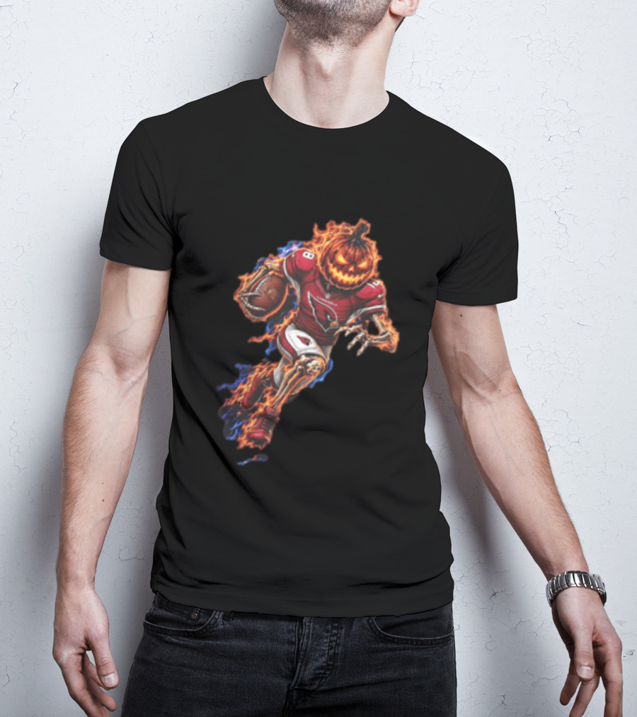 Arizona Cardinals Flaming Pumpkin Head Skeleton Football Player Halloween T-Shirt