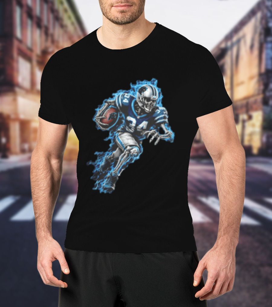 Carolina Panthers Skeleton Running Back 34 Blue Flames Football T-Shirt