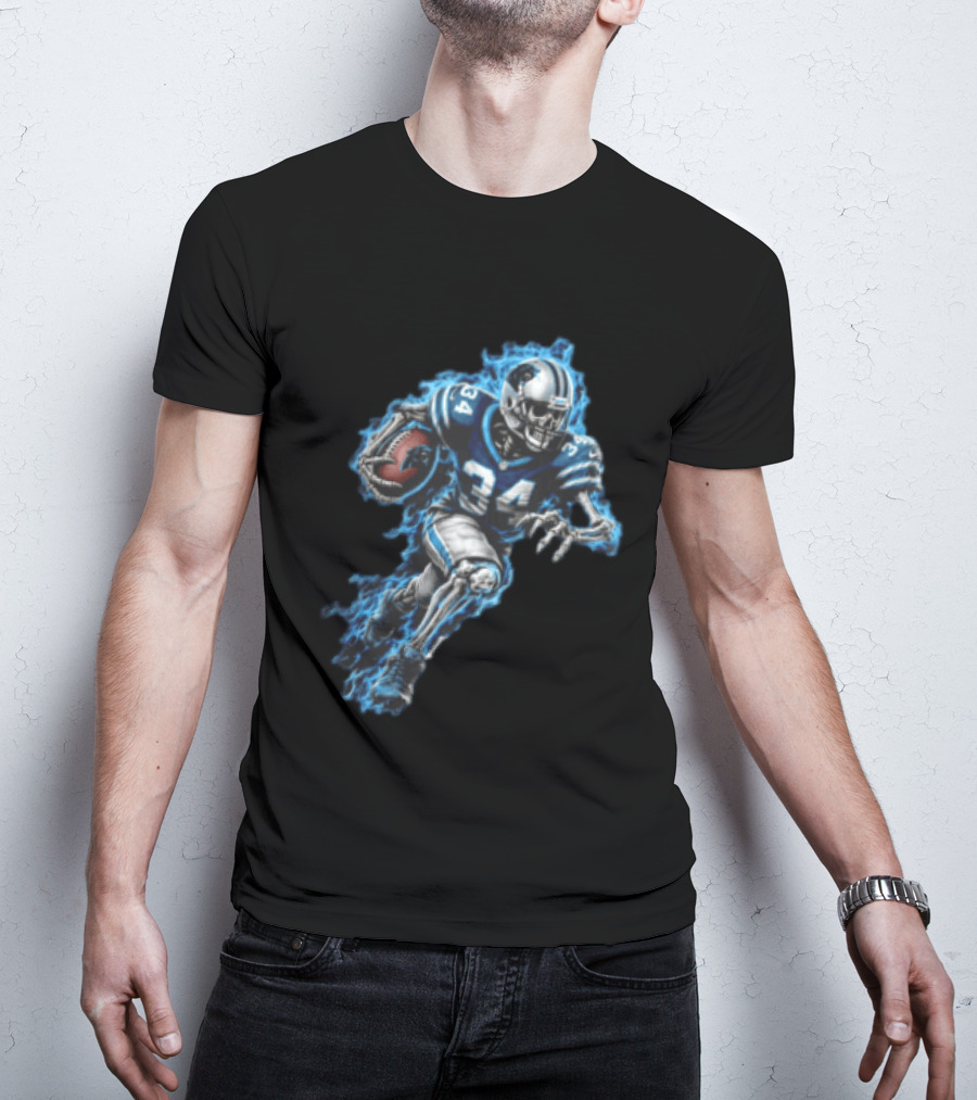 Carolina Panthers Skeleton Running Back 34 Blue Flames Football T-Shirt