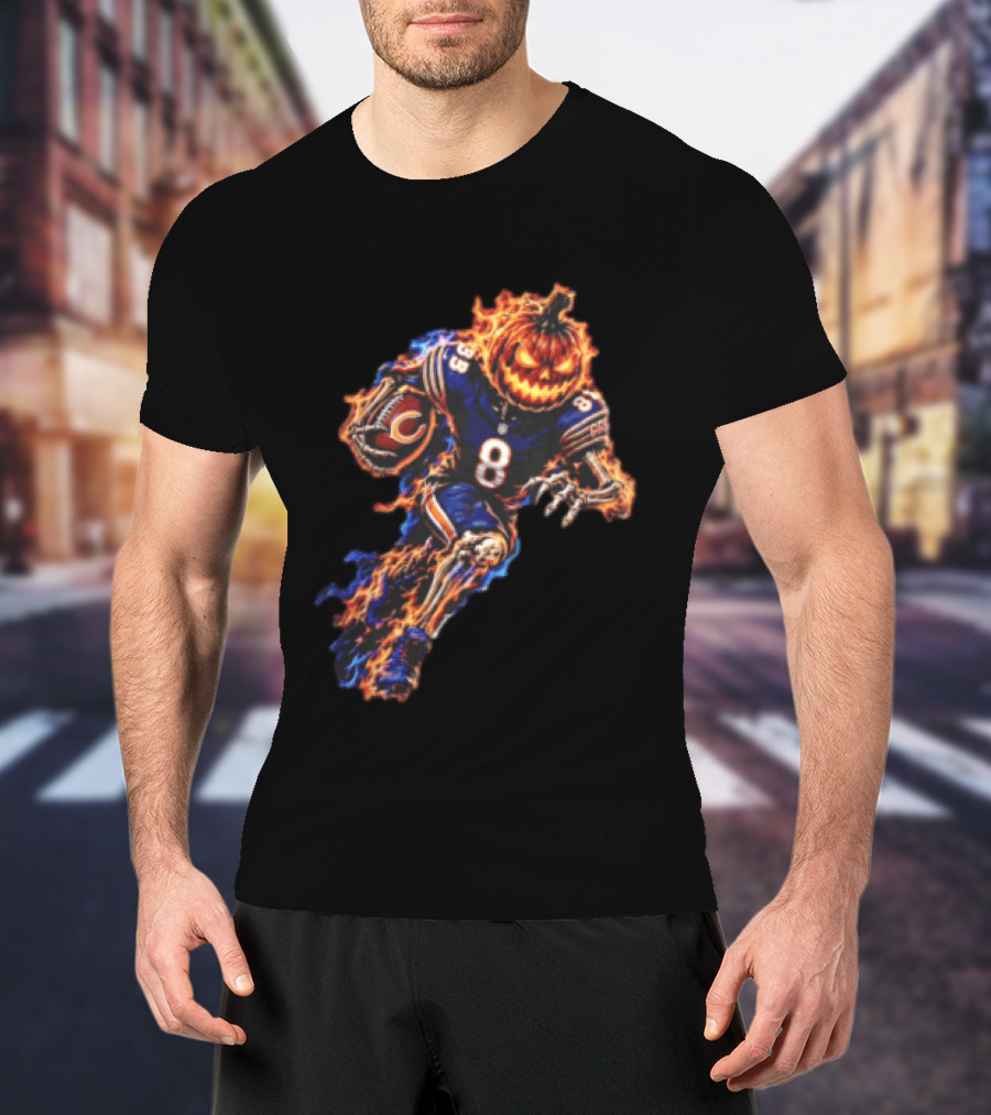 Chicago Bears Flaming Pumpkin Skeleton Football Running Halloween Scary Sports Fan T-Shirt