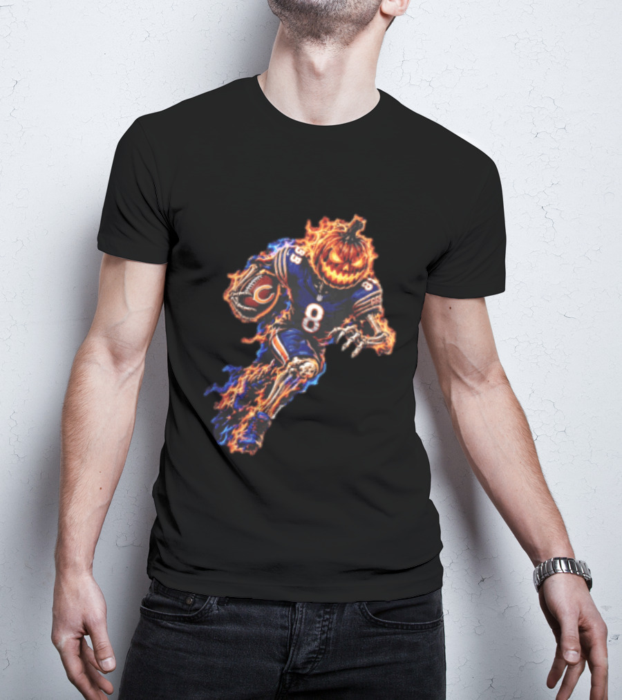 Chicago Bears Flaming Pumpkin Skeleton Football Running Halloween Scary Sports Fan T-Shirt