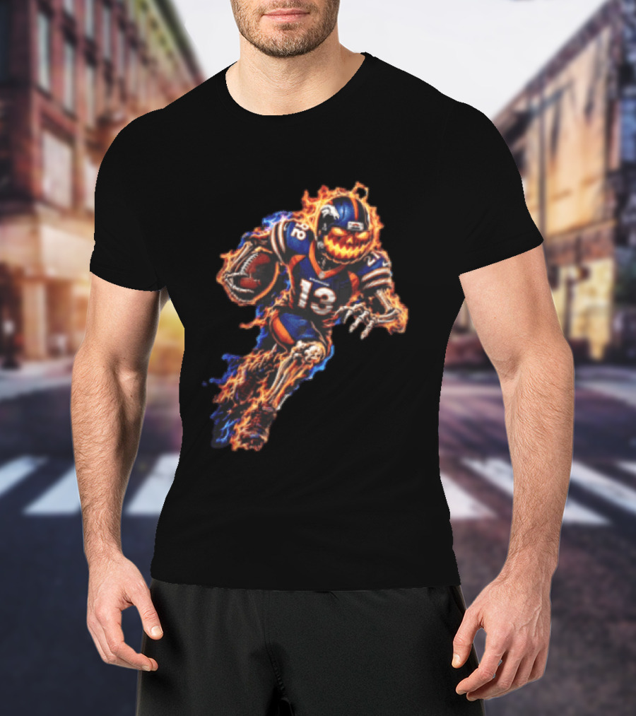 Denver Broncos Fiery Pumpkin Head Skeleton Football Player T-Shirt