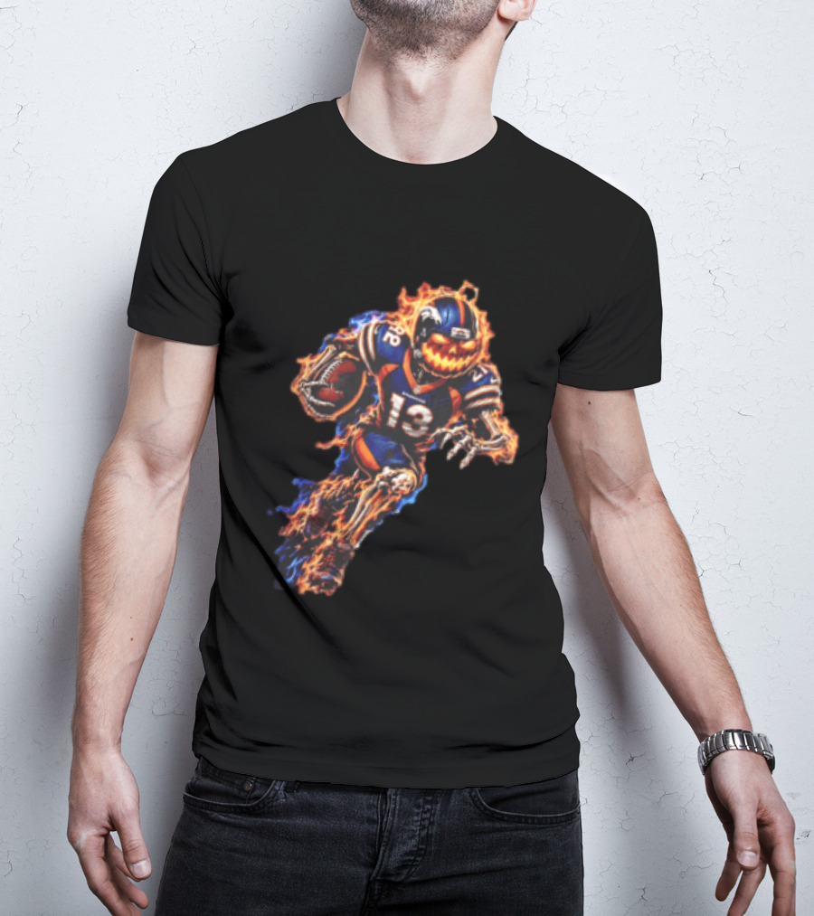 Denver Broncos Fiery Pumpkin Head Skeleton Football Player T-Shirt