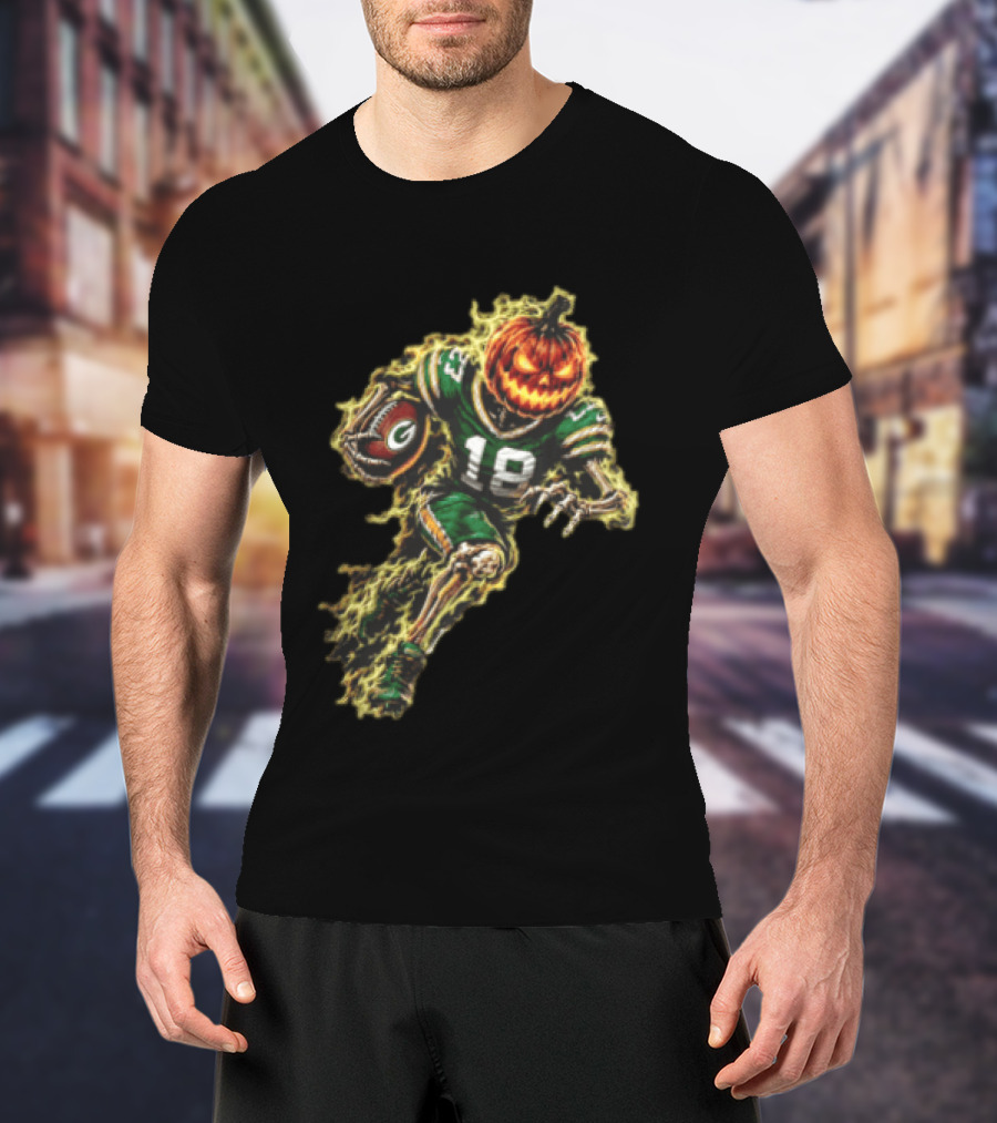 Green Bay Packers Halloween Pumpkin Head Skeleton Football Player Running T-Shirt