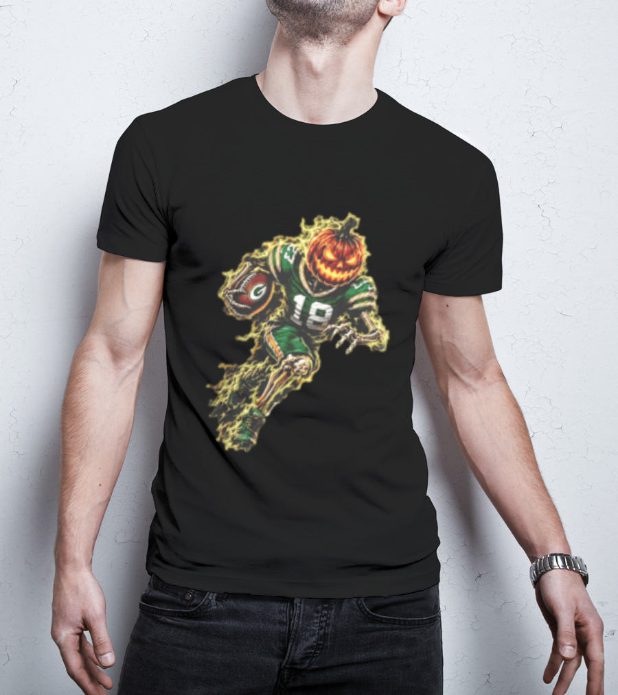 Green Bay Packers Halloween Pumpkin Head Skeleton Football Player Running T-Shirt