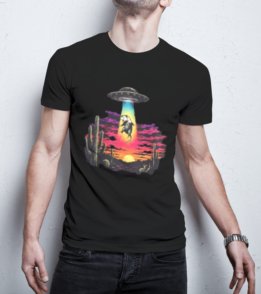 UFO Opossum Abduction In Desert Sunset Scene With Cacti And Colorful Sky T-Shirt