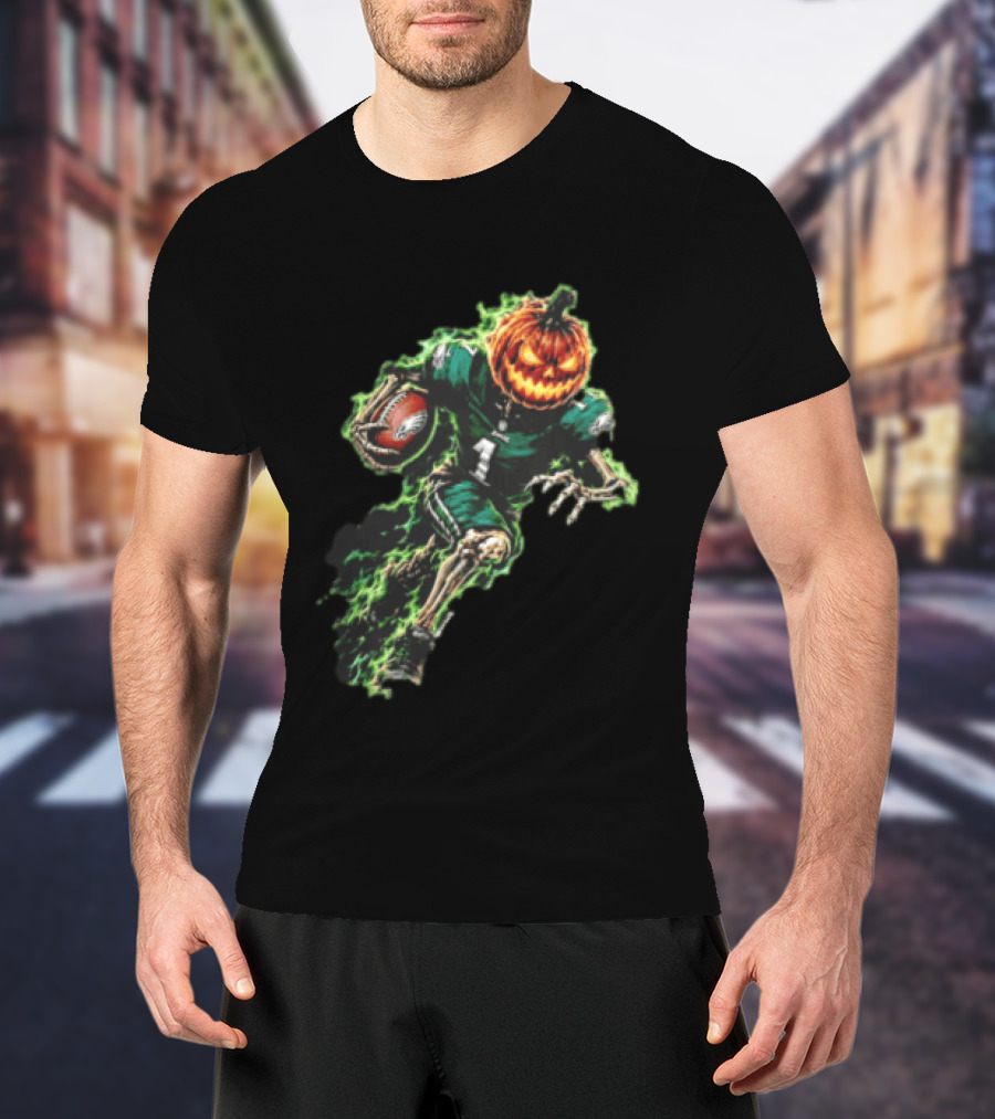 Philadelphia Eagles Pumpkin Head Skeleton Player Green Flames Football T-Shirt